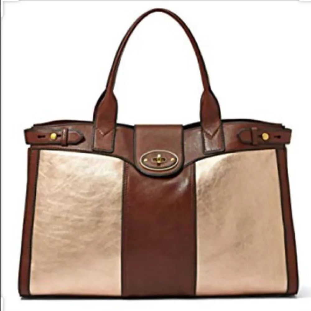 Fossil Rose Gold Brown Leather Large Tote
